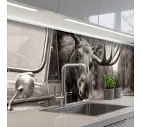 KitchenYeah© Splashback for kitchen 24"x118" / 60x300 cm self-adhesive Wall Protector Splash Back Cooker Backsplash Moose - Car - Antlers - Black - White