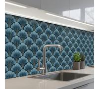 KitchenYeah© Splashback for kitchen 24"x138" / 60x350 cm self-adhesive Sink Splash Splatter Guard Splashbacks Walls Pattern - Ginkgo leaf - Blue
