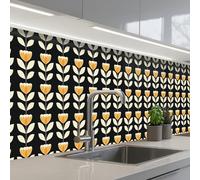KitchenYeah© Splashback for kitchen 24"x138" / 60x350 cm self-adhesive Sink Splash Splatter Guard Splashbacks Walls Retro - Flower - Black - Ochre yellow