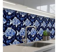 KitchenYeah© Splashback for kitchen 24"x138" / 60x350 cm self-adhesive Wall Protector Decor Panels Cooker Backsplash Pisces - Flowers - Blue