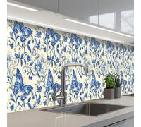 KitchenYeah© Splashback for kitchen 24"x158" / 60x400 cm self-adhesive Back Splashes Kitchens Splash Guard Decor Butterflies - Flowers - Blue - Botanical