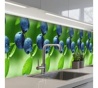 KitchenYeah© Splashback for kitchen 24"x158" / 60x400 cm self adhesive Sink Splash Splatter Guard Backsplash Decor Blueberries - Purple - Leaves - Green