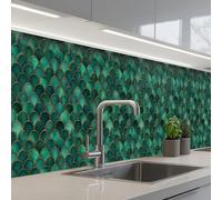 KitchenYeah© Splashback for kitchen 24"x158" / 60x400 cm self-adhesive Sink Splash Splatter Guard Splashbacks Walls Scales - Texture - Deep green - Gold