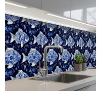 KitchenYeah© Splashback for kitchen 24"x158" / 60x400 cm self-adhesive Wall Protector Decor Panels Cooker Backsplash Pisces - Flowers - Blue