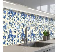 KitchenYeah© Splashback for kitchen 24"x197" / 60x500 cm self-adhesive Back Splashes Kitchens Splash Guard Decor Butterflies - Flowers - Blue - Botanical
