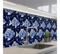 KitchenYeah© Splashback for kitchen 24"x197" / 60x500 cm self-adhesive Wall Protector Decor Panels Cooker Backsplash Pisces - Flowers - Blue