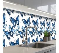 KitchenYeah© Splashback for kitchen 24"x197" / 60x500 cm self-adhesive Wall Protector Decor Panels Cooker Backsplash Blue - Butterflies - Flowers - White