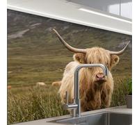 KitchenYeah© Splashback for kitchen 24"x32" / 60x80 cm self-adhesive Back Splashes Kitchens Splash Guard Decor Scotch highlander - Mountains - Grass field