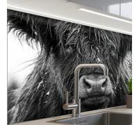 KitchenYeah© Splashback for kitchen 24"x32" / 60x80 cm self-adhesive Back Splashes Kitchens Splash Guard Decor Scottish highlander - Black - White - Snowflakes