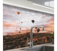 KitchenYeah© Splashback for kitchen 24"x32" / 60x80 cm self adhesive Sink Splash Splatter Guard Backsplash Decor Landscape - Hot air balloon - Mountains - Brown