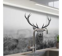 KitchenYeah© Splashback for kitchen 24"x32" / 60x80 cm self-adhesive Sink Splash Splatter Guard Splashbacks Walls Deer - Foggy - Black - White