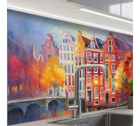 KitchenYeah© Splashback for kitchen 24"x32" / 60x80 cm self-adhesive Sink Splash Splatter Guard Splashbacks Walls Canal houses - Art - Painting - Amsterdam