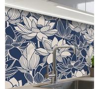 KitchenYeah© Splashback for kitchen 24"x32" / 60x80 cm self-adhesive Sink Splash Splatter Guard Splashbacks Walls Lotus - Blue - Patterns