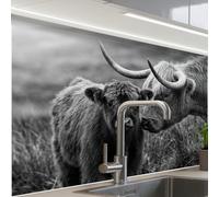 KitchenYeah© Splashback for kitchen 24"x32" / 60x80 cm self-adhesive Wall Protector Decor Panels Cooker Backsplash Scottish highlander - Calf - Black - White