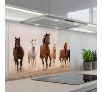 KitchenYeah© Splashback for kitchen 24"x35" / 60x90 cm self-adhesive Sink Splash Splatter Guard Splashbacks Walls Herd of horses - Dust cloud - Brown - Black