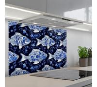 KitchenYeah© Splashback for kitchen 24"x35" / 60x90 cm self-adhesive Wall Protector Decor Panels Cooker Backsplash Pisces - Flowers - Blue