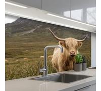 KitchenYeah© Splashback for kitchen 24"x39" / 60x100 cm self-adhesive Back Splashes Kitchens Splash Guard Decor Scotch highlander - Mountains - Grass field