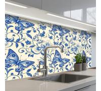 KitchenYeah© Splashback for kitchen 24"x39" / 60x100 cm self-adhesive Back Splashes Kitchens Splash Guard Decor Butterflies - Flowers - Blue - Botanical