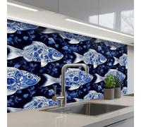 KitchenYeah© Splashback for kitchen 24"x39" / 60x100 cm self-adhesive Wall Protector Decor Panels Cooker Backsplash Pisces - Flowers - Blue