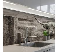 KitchenYeah© Splashback for kitchen 24"x59" / 60x150 cm self-adhesive Wall Protector Decor Panels Cooker Backsplash Scottish Highlander - Black - White - Wood