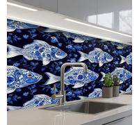 KitchenYeah© Splashback for kitchen 24"x59" / 60x150 cm self-adhesive Wall Protector Decor Panels Cooker Backsplash Pisces - Flowers - Blue