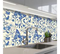 KitchenYeah© Splashback for kitchen 24"x79" / 60x200 cm self-adhesive Back Splashes Kitchens Splash Guard Decor Butterflies - Flowers - Blue - Botanical