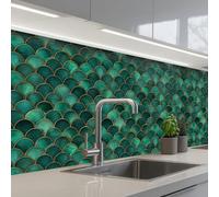 KitchenYeah© Splashback for kitchen 24"x79" / 60x200 cm self-adhesive Sink Splash Splatter Guard Splashbacks Walls Scales - Texture - Deep green - Gold