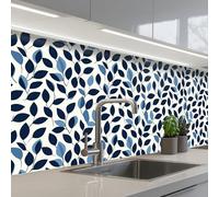 KitchenYeah© Splashback for kitchen 24"x79" / 60x200 cm self-adhesive Sink Splash Splatter Guard Splashbacks Walls Graphic - Leaf pattern - Deep blue