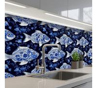 KitchenYeah© Splashback for kitchen 24"x79" / 60x200 cm self-adhesive Wall Protector Decor Panels Cooker Backsplash Pisces - Flowers - Blue