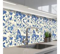 KitchenYeah© Splashback for kitchen 24"x98" / 60x250 cm self-adhesive Back Splashes Kitchens Splash Guard Decor Butterflies - Flowers - Blue - Botanical