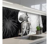 KitchenYeah© Splashback for kitchen 24"x98" / 60x250 cm self-adhesive Sink Splash Splatter Guard Splashbacks Walls Fishing - Chef - Black - White