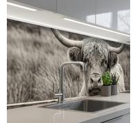 KitchenYeah© Splashback for kitchen 24"x98" / 60x250 cm self-adhesive Wall Protector Decor Panels Cooker Backsplash Scottish Highlander - Black - White - Wood