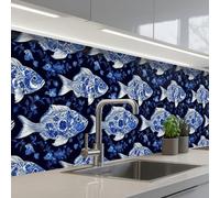 KitchenYeah© Splashback for kitchen 24"x98" / 60x250 cm self-adhesive Wall Protector Decor Panels Cooker Backsplash Pisces - Flowers - Blue