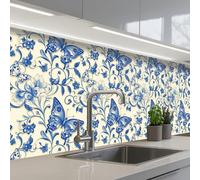 KitchenYeah© Splashback for kitchen 32"x118" / 80x300 cm self-adhesive Back Splashes Kitchens Splash Guard Decor Butterflies - Flowers - Blue - Botanical