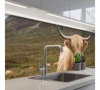 KitchenYeah© Splashback for kitchen 32"x118" / 80x300 cm self-adhesive Back Splashes Kitchens Splash Guard Decor Scotch highlander - Mountains - Grass field