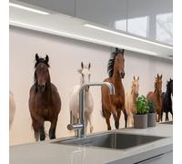 KitchenYeah© Splashback for kitchen 32"x118" / 80x300 cm self-adhesive Sink Splash Splatter Guard Splashbacks Walls Herd of horses - Dust cloud - Brown - Black