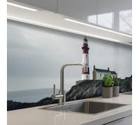 KitchenYeah© Splashback for kitchen 32"x118" / 80x300 cm self-adhesive Sink Splash Splatter Guard Splashbacks Walls Lighthouse - Sea - Rocks - Scandinavia - Maritime