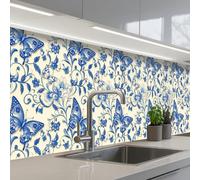 KitchenYeah© Splashback for kitchen 32"x158" / 80x400 cm self-adhesive Back Splashes Kitchens Splash Guard Decor Butterflies - Flowers - Blue - Botanical