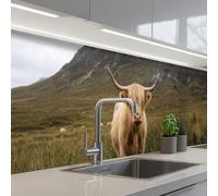 KitchenYeah© Splashback for kitchen 32"x158" / 80x400 cm self-adhesive Back Splashes Kitchens Splash Guard Decor Scotch highlander - Mountains - Grass field