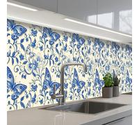 KitchenYeah© Splashback for kitchen 32"x197" / 80x500 cm self-adhesive Back Splashes Kitchens Splash Guard Decor Butterflies - Flowers - Blue - Botanical