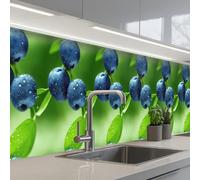 KitchenYeah© Splashback for kitchen 32"x197" / 80x500 cm self adhesive Sink Splash Splatter Guard Backsplash Decor Blueberries - Purple - Leaves - Green