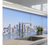 KitchenYeah© Splashback for kitchen 32"x197" / 80x500 cm self-adhesive Sink Splash Splatter Guard Splashbacks Walls Skyline - Blue - Sea - Buildings - City