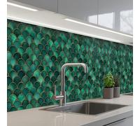 KitchenYeah© Splashback for kitchen 32"x197" / 80x500 cm self-adhesive Sink Splash Splatter Guard Splashbacks Walls Scales - Texture - Deep green - Gold