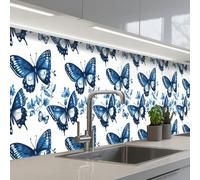 KitchenYeah© Splashback for kitchen 32"x197" / 80x500 cm self-adhesive Wall Protector Decor Panels Cooker Backsplash Blue - Butterflies - Flowers - White