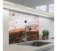 KitchenYeah© Splashback for kitchen 32"x32" / 80x80 cm self adhesive Sink Splash Splatter Guard Backsplash Decor Landscape - Hot air balloon - Mountains - Brown