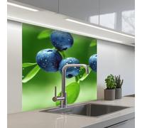 KitchenYeah© Splashback for kitchen 32"x32" / 80x80 cm self adhesive Sink Splash Splatter Guard Backsplash Decor Blueberries - Purple - Leaves - Green