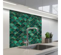KitchenYeah© Splashback for kitchen 32"x32" / 80x80 cm self-adhesive Sink Splash Splatter Guard Splashbacks Walls Scales - Texture - Deep green - Gold