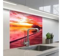 KitchenYeah© Splashback for kitchen 32"x32" / 80x80 cm self-adhesive Sink Splash Splatter Guard Splashbacks Walls Jetty - Water - Sun - Pink - Horizon