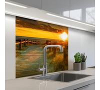 KitchenYeah© Splashback for kitchen 32"x32" / 80x80 cm self-adhesive Wall Protector Decor Panels Cooker Backsplash Sun - Beach - Dune - Horizon - Grass - Path - Orange