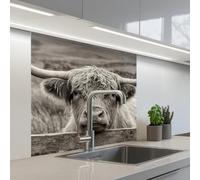 KitchenYeah© Splashback for kitchen 32"x32" / 80x80 cm self-adhesive Wall Protector Decor Panels Cooker Backsplash Scottish Highlander - Black - White - Wood